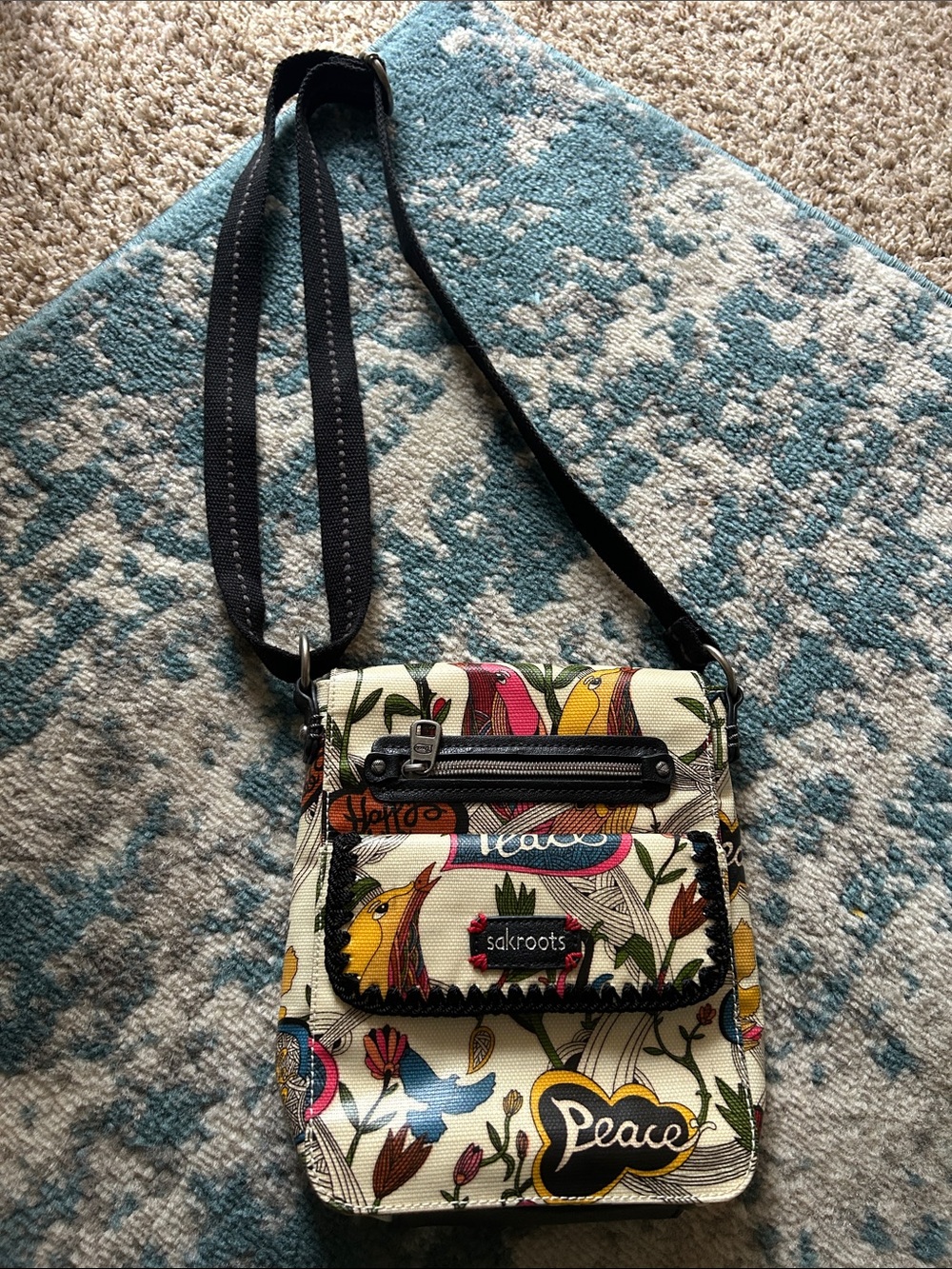 Sakroots Floral Bird Print Crossbody Bag - White, Yellow, Pink, Blue, Green
